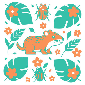 Tropical animals and plants flat vector illustration
