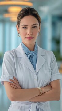 Confident Professional Woman in Lab Coat: A poised and confident woman, possibly a doctor or scientist, stands with her arms crossed, wearing a white lab coat and a blue scarf.