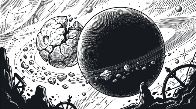 Asteroid impact with dark sphere and debris splash vector illustration.