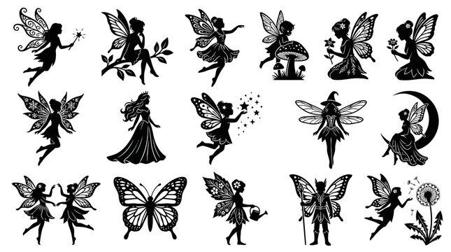 Fantasy Fairy Silhouette Vector Glyph Collection - Mythical Creatures and Magic Illustrations