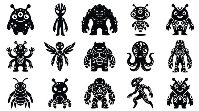Black  White Vector Icons of Various Cartoon Monsters and Aliens