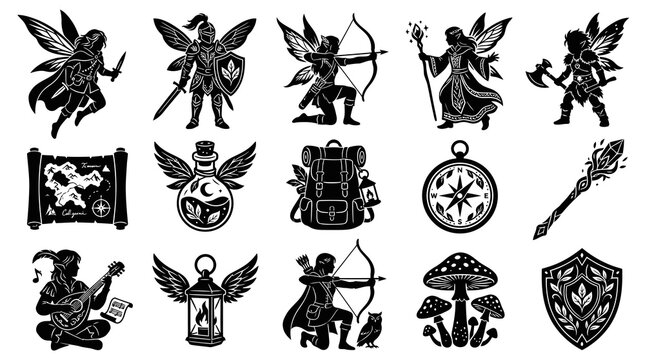 Fantasy Adventure Icons: Fairies, Warrior, Map, Potion, Compass, Magic Staff