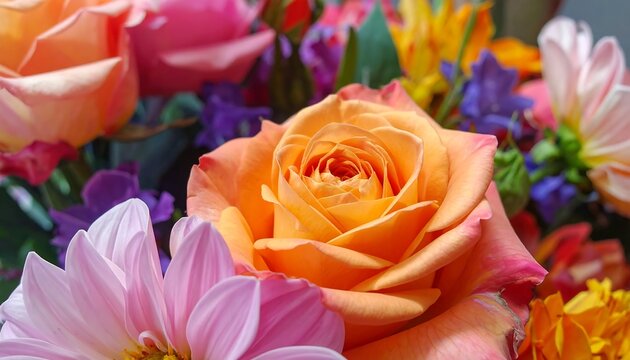 Close-up of a colorful floral arrangement featuring various flower types