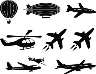 Diverse aircraft silhouettes including airplanes blimps and helicopters in black and white against a white background © Nezam