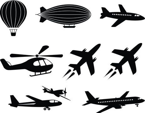 Diverse aircraft silhouettes including airplanes blimps and helicopters in black and white against a white background