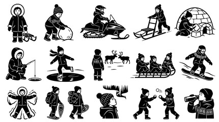 Obraz premium Black and White Glyph Icons Set: Children's Winter Sports and Outdoor Recreation Activities