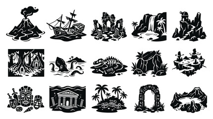 Obraz premium Black White Glyph Adventure Fantasy Exploration Icons Set - Vector Game Travel Map Elements