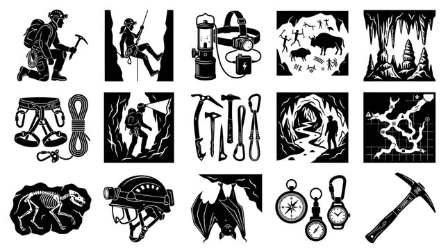 Black  White Vector Silhouette Set of Caving and Speleology Icons, Gear, and Cave Exploration Elements.