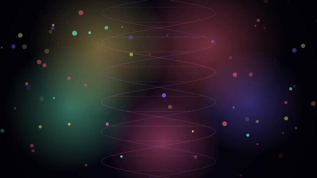 Abstract dna helix animation with floating particles and colorful glowing bokeh background, genetics science