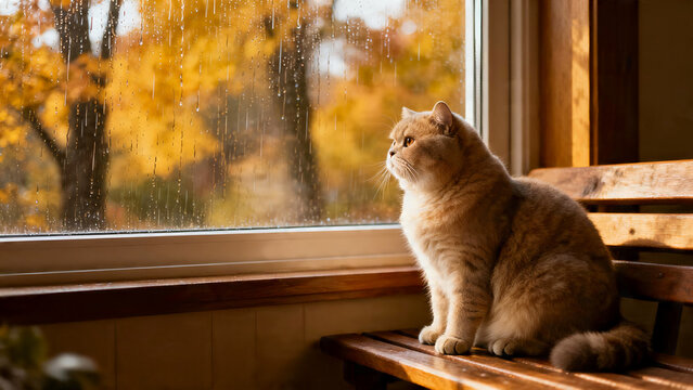 Fluffy British Shorthair cat looking through window