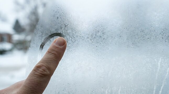 Finger drawing on a fogged window during winter