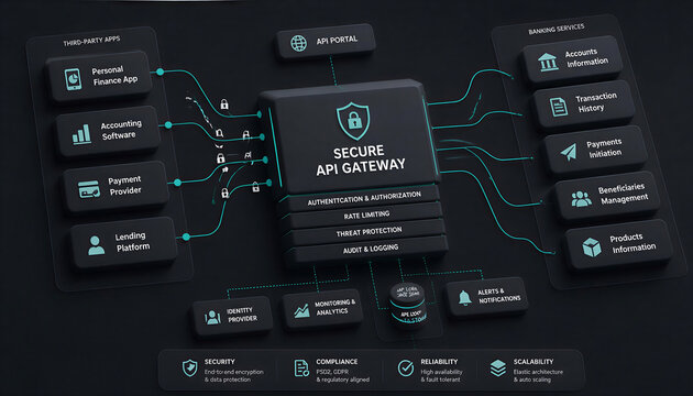 Secure API Gateway architecture diagram, dark futuristic fintech interface for banking services, cybersecurity infrastructure for financial data