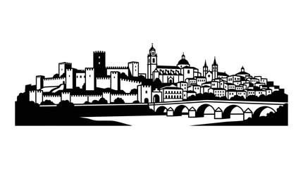 Fototapeta premium Medieval Castle Cityscape with Bridge and River - Black and White Silhouette