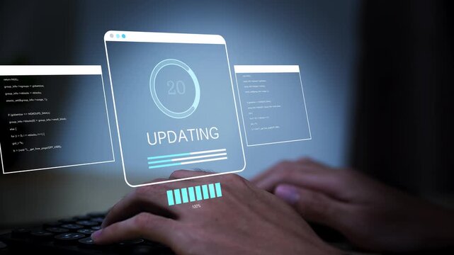 Firmware, Software, or Operating System update. Hand using computer with an increasing percent progress bar screen. Installing software application, new patch, hardware upgrade.