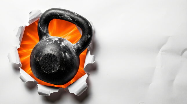 Kettlebell bursting through white paper with fiery glow, creating dynamic visual on white background, symbolizing strength, power, and breaking limits.