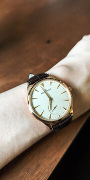 BANGKOK, THAILAND - APRIL 15 : Jaeger leCoultre Master Ultra Thin Collection with 18k gold case and alligator strap, with small second, with ultra luxury gold precious case, in Bangkok, Thailand