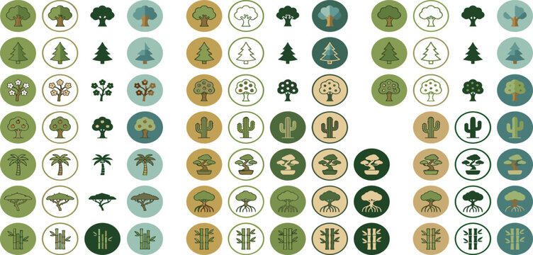 Forest trees and botanical plants round icons mega set featuring pine cactus bonsai and bamboo vector