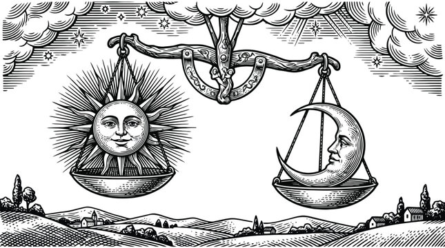 Balance Scales and Sun Face Mystical Vintage Vector Engraving Illustration.