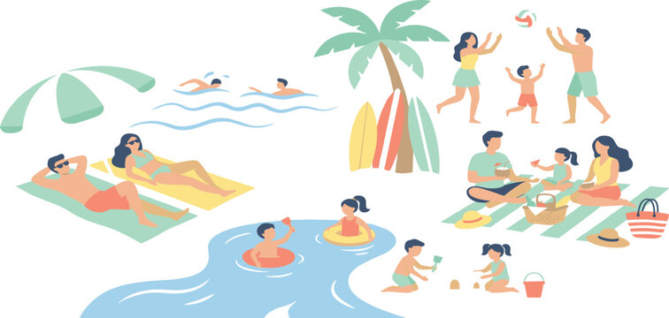 Happy families and people enjoying summer beach activities swimming sunbathing and picnic vector illustration set