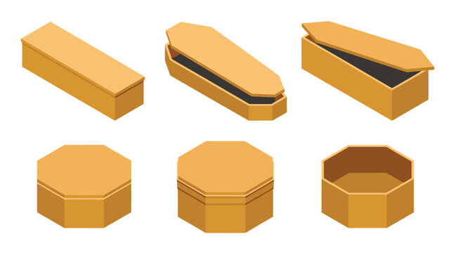 Six different isometric golden wooden coffins shown in closed and open positions on white background