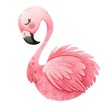 Watercolor illustration of a cute pink flamingo with closed eyes and blush isolated on a white background.