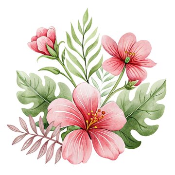 Watercolor bouquet illustration of delicate pink hibiscus flowers with lush tropical leaves isolated on a white background.