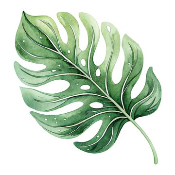 Watercolor illustration of a single lush green tropical leaf isolated on a white background.