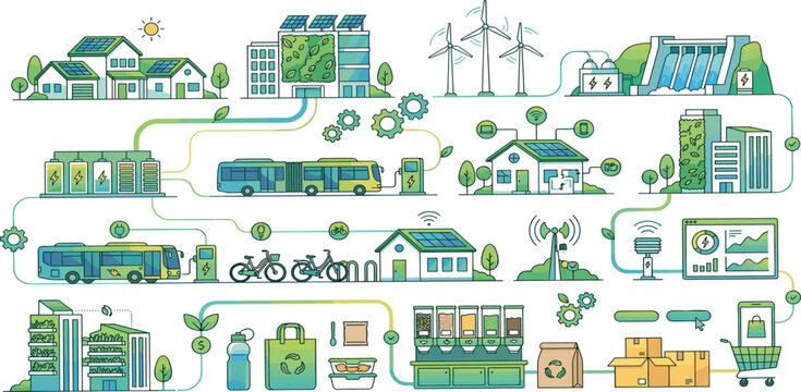 Sustainable smart grid green energy infrastructure eco friendly city transit and zero waste packaging vector illustration set