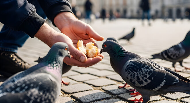 Man feeding pigeons in central urban square. Everyday city life interaction with animals peaceful moment and classic public space scene in outdoor setting.