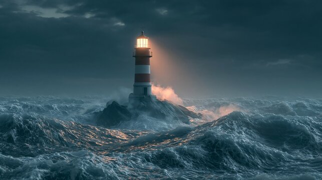 Lighthouse stands firm amid roaring, storm-tossed ocean waves under dark, brooding sky.