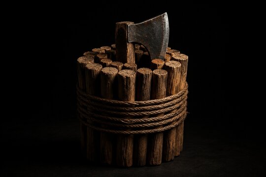 A bundle of wooden rods bound together with an axe blade emerging.