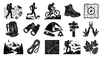 Fototapeta premium Black and White Icons Set of Outdoor Adventure and Hiking Gear