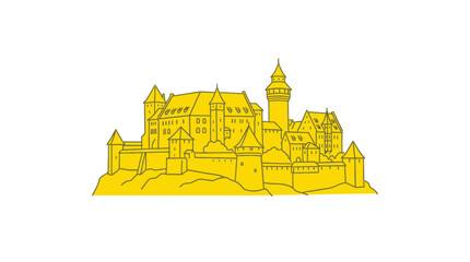 Yellow castle illustration, medieval fortress outline, historical building drawing © siti