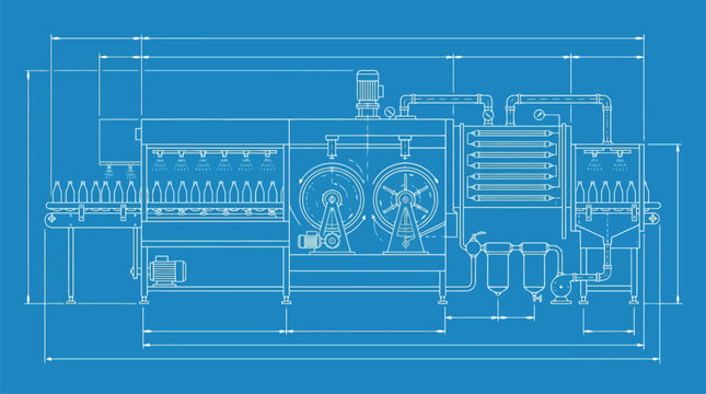 Blueprint machine schematic vector illustration of mechanical components.