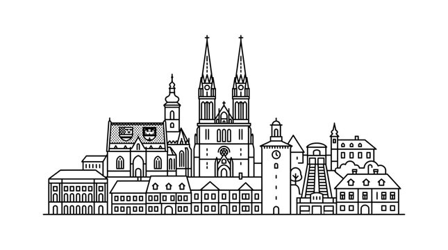 Zagreb skyline, Croatia, line art, European architecture, historical buildings, city landmark