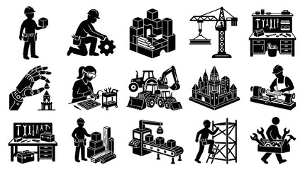 Obraz premium Construction Industry Icons: Building, Mechanics, Engineering, Tools, Equipment, Black White