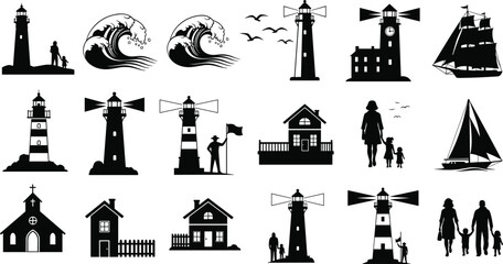 Collection of Lighthouse Silhouette Vector Illustration Set, Coastal Nautical Elements Including Ocean Waves Sailing Ships Beach Houses and Families for Maritime Graphic Design © Moklesur