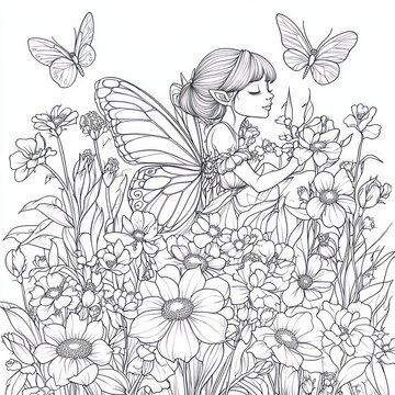 serene fairy child with delicate butterfly wings sitting among abundant blooming wildflowers, reaching toward fluttering butterflies