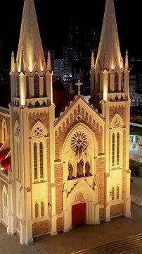 Night Sagrado Coracao De Jesus Church At Petrolina In Pernambuco Brazil. Dom Malan Square. Illuminated Church. City At Night Scenery. Sagrado Coracao De Jesus Church In Petrolina. Religious Skyline.