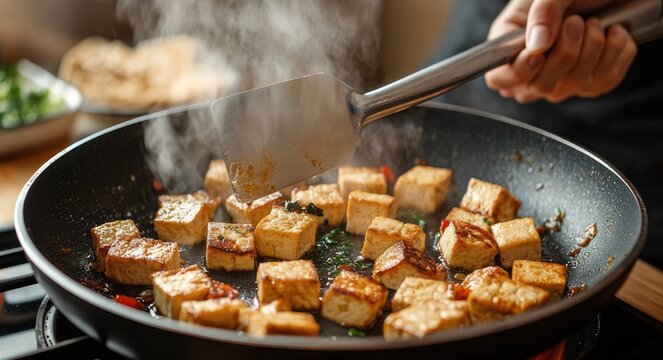 Sizzling golden tofu cubes searing in a nonstick skillet as a hand flips pieces with a metal spatula, steam rising, garnished with green onion and chili for a warm comforting meal