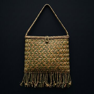 Traditional New Zealand Maori Kete Bag: A traditional Maori shoulder bag (Kete) hand-woven from green and dried flax fibers (harakeke) forming a chevron pattern, realistic weave texture, black backgro