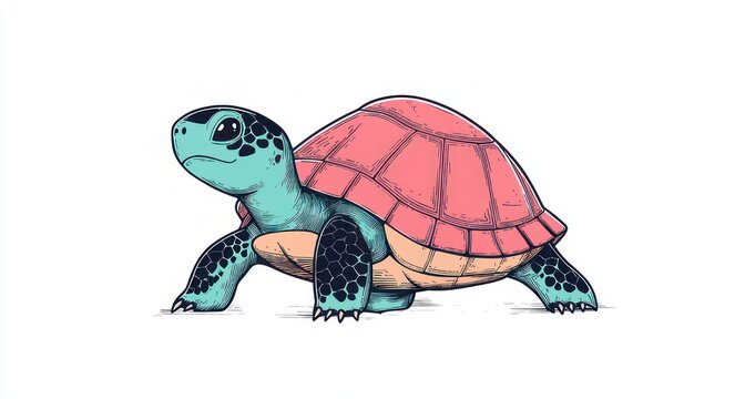 calm curious teal turtle with patterned dark flippers, pink domed shell and beige belly on white background, gentle steady expression