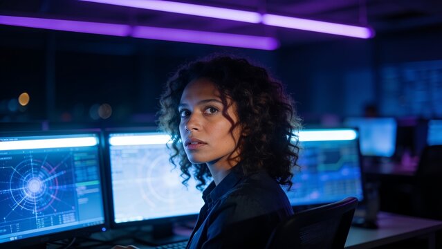 Security analyst working in a dark control room with glowing monitors and moody lighting