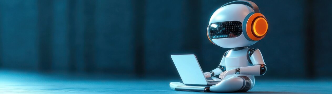 small glossy white robot with orange headphones sitting cross-legged using a laptop on a reflective floor in blue ambient light, curious and focused