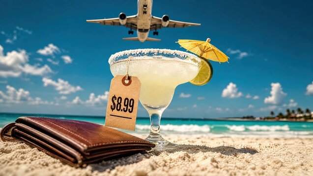 Margarita cocktail with price tag and wallet on tropical beach under airplane for budget travel deals and vacation cost promotion