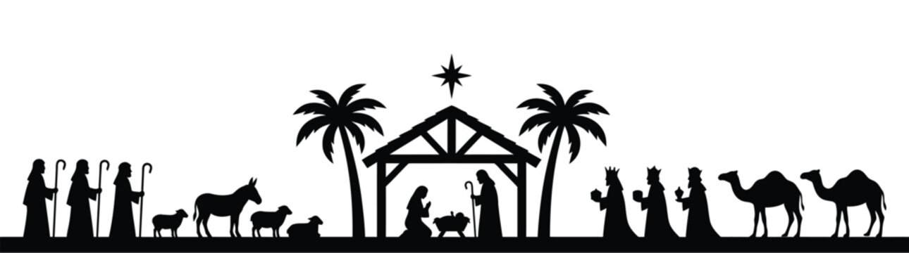 Traditional Nativity Scene Silhouette with Star, Mary, Joseph, Baby Jesus, and Wise Men