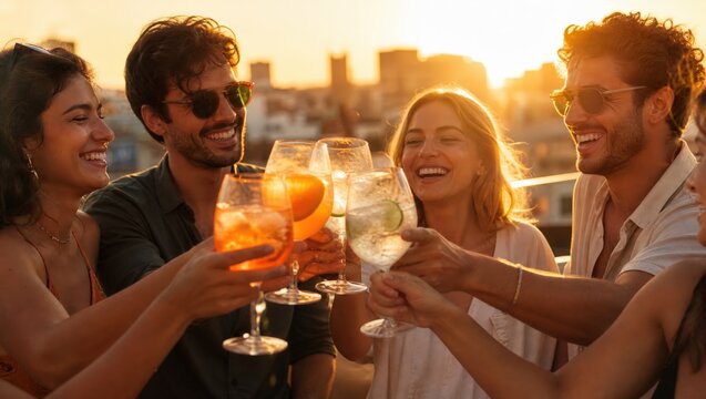 Group of Friends Toasting with Cocktails on Urban Rooftop at Sunset for Summer Social Event and Hospitality Marketing