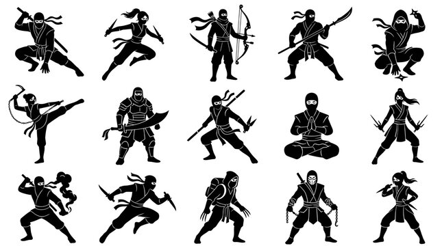 Martial Arts Ninja Silhouette Icons Set. Black and White Glyph Warriors with Weapons and Action Poses.