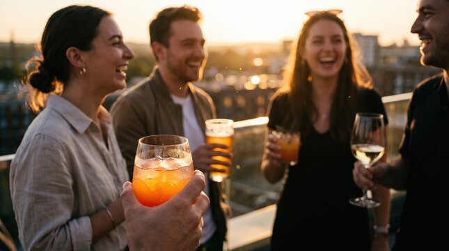 Friends drinking cocktails and beer on urban rooftop at sunset. Young adults laughing at golden hour terrace party for hospitality marketing.