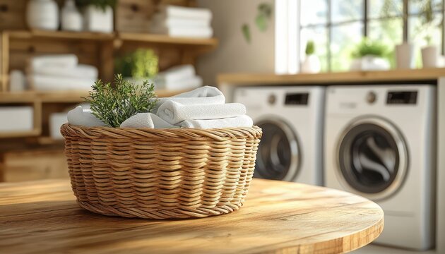 Wicker laundry basket with folded white towels and small green plant on wooden table in sunlit laundry room with front-loading washer and open shelving, calm cozy clean atmosphere